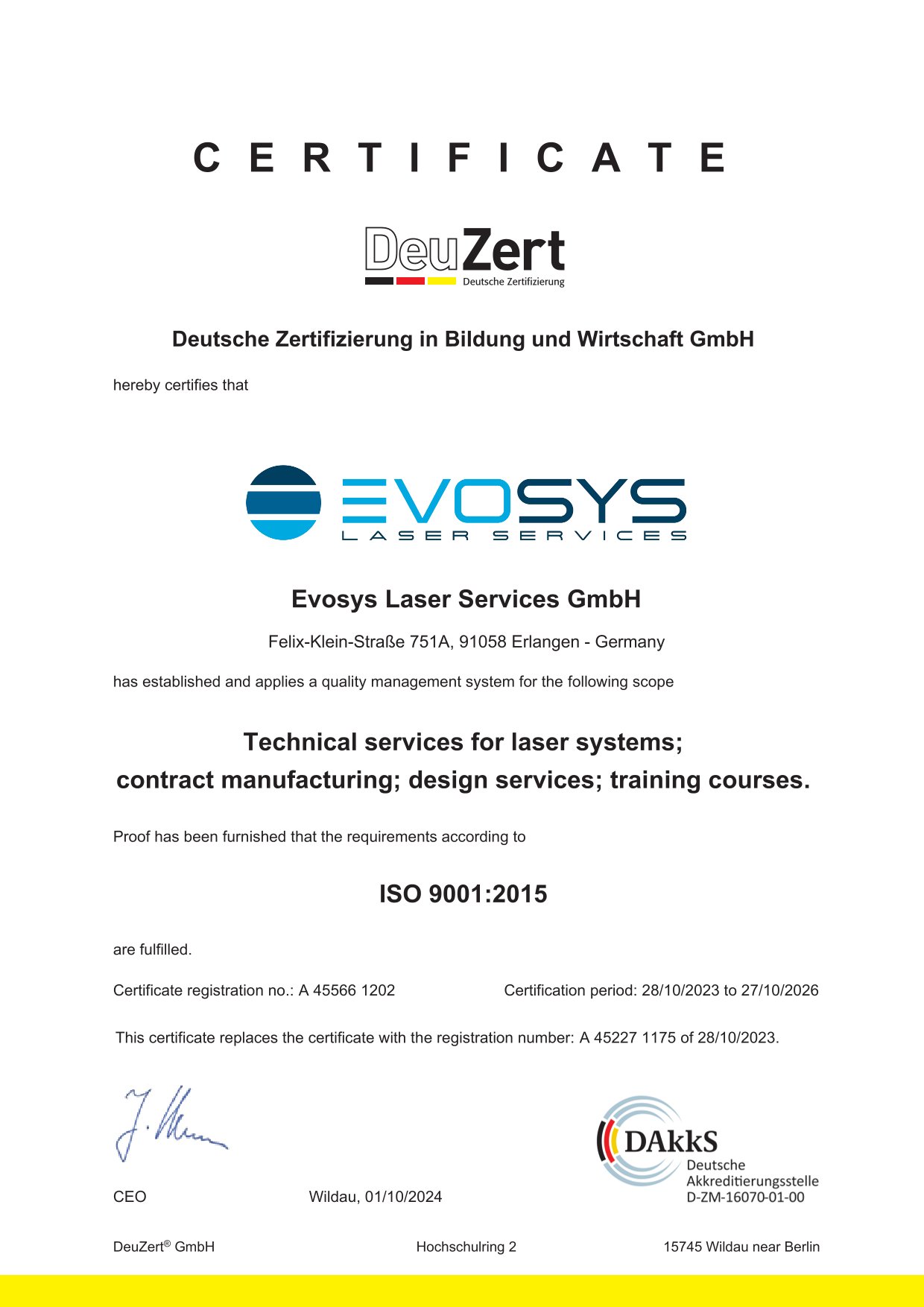 ISO 9001:2015 Certificate – Evosys Laser Services
